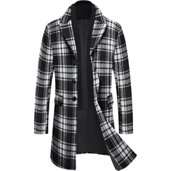Men's Wool Blend Coat with Detachable Plaid Scarfs 2-black Plaid - Picture 1 of 6